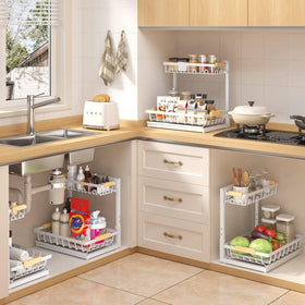 Sevenblue durable storage shelf supports up to 50 pounds under sink areas.