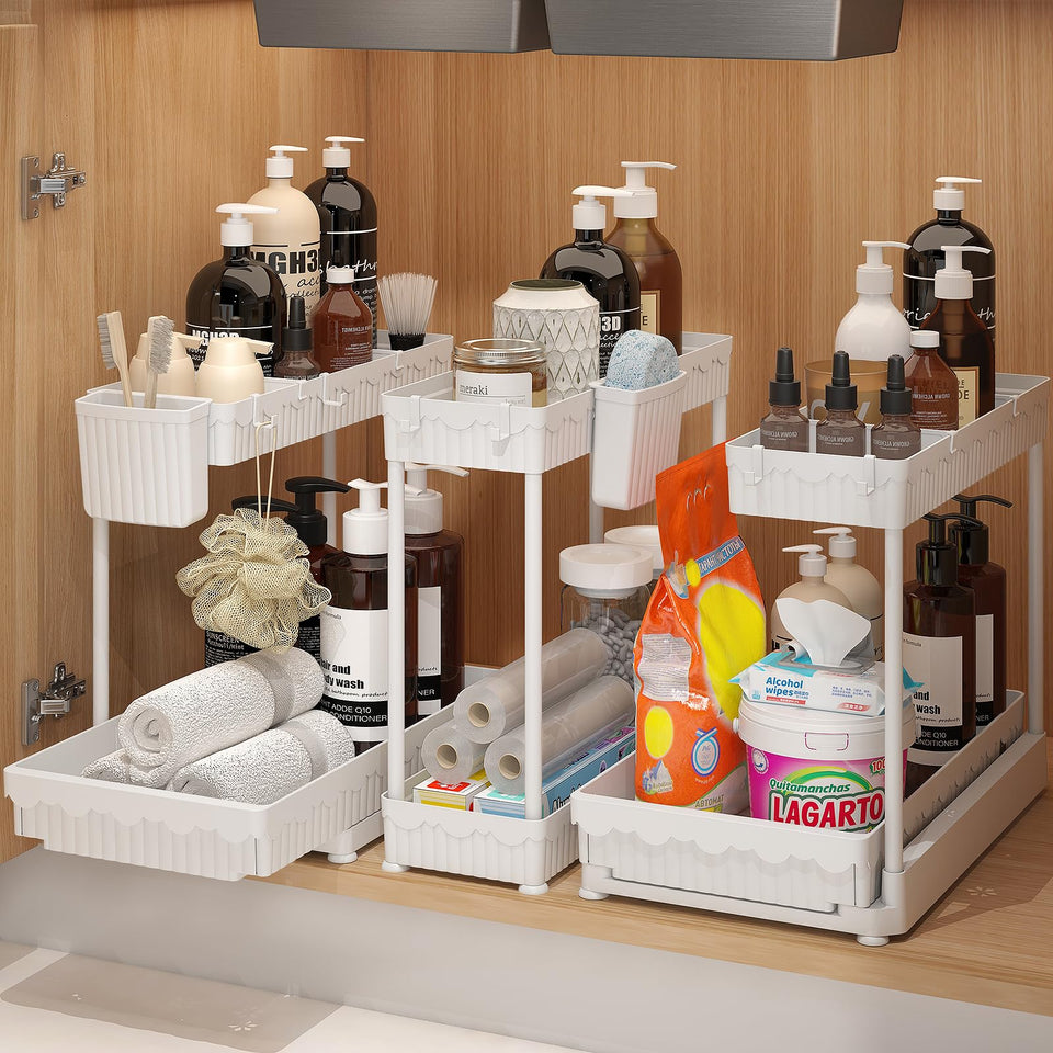 Sevenblue L-shaped under-sink organizer keeps bottles neatly stored in tight spaces.