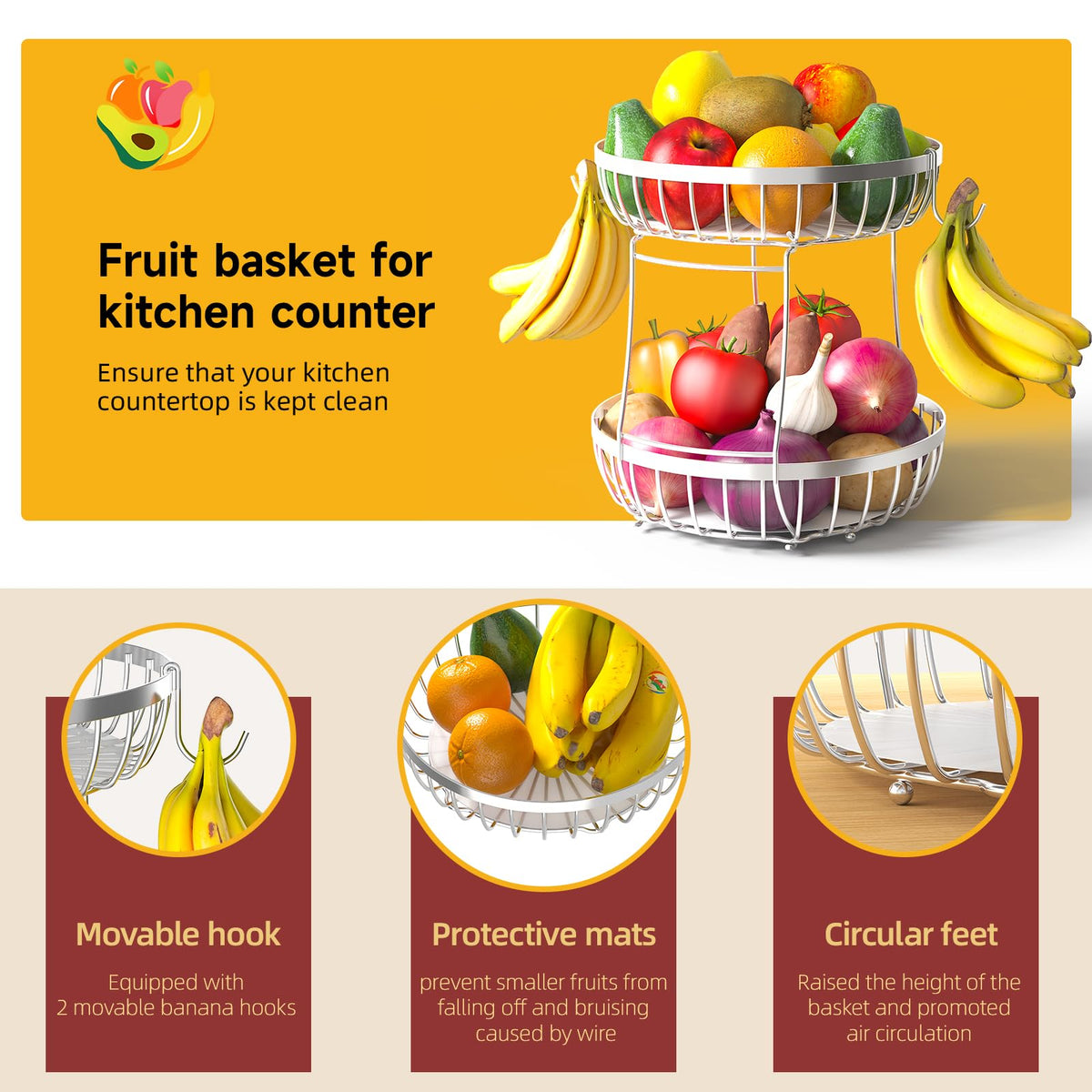 Sevenblue removable hooks add versatile fruit hanging options for flexibility.