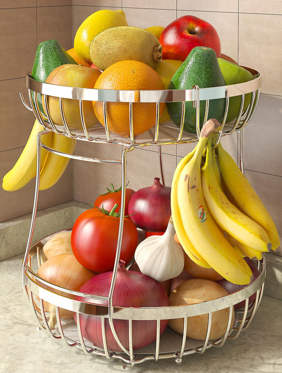 Sevenblue two-tier fruit basket with banana hangers for organized counter storage.