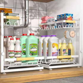 Sevenblue under sink 2-tier organizer frees cabinet space for cleaning supplies.