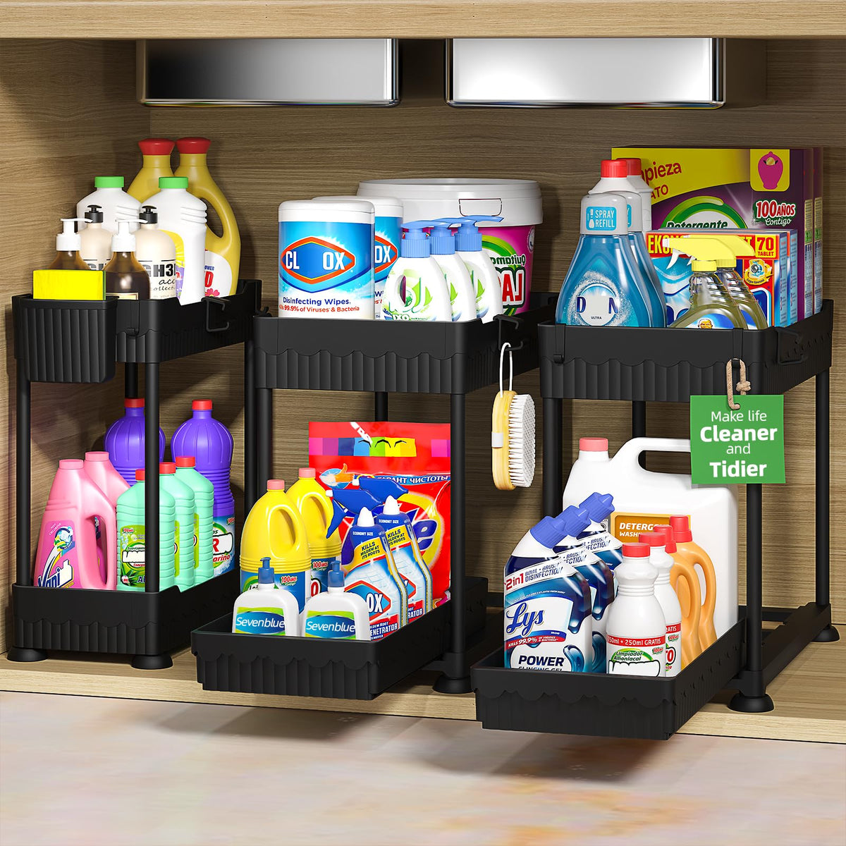 Sevenblue under-sink organizer with sliding drawers, two-tier design for quick access.