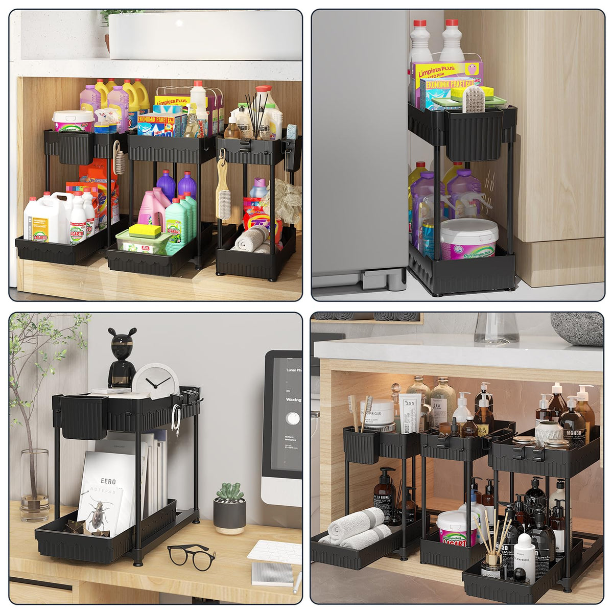 Sevenblue 2-tier shelf in black fits neatly under cabinets for kitchen use.