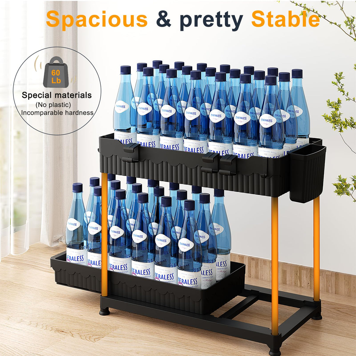 Compact black design complements cabinets while optimizing vertical storage in kitchens and bathrooms.