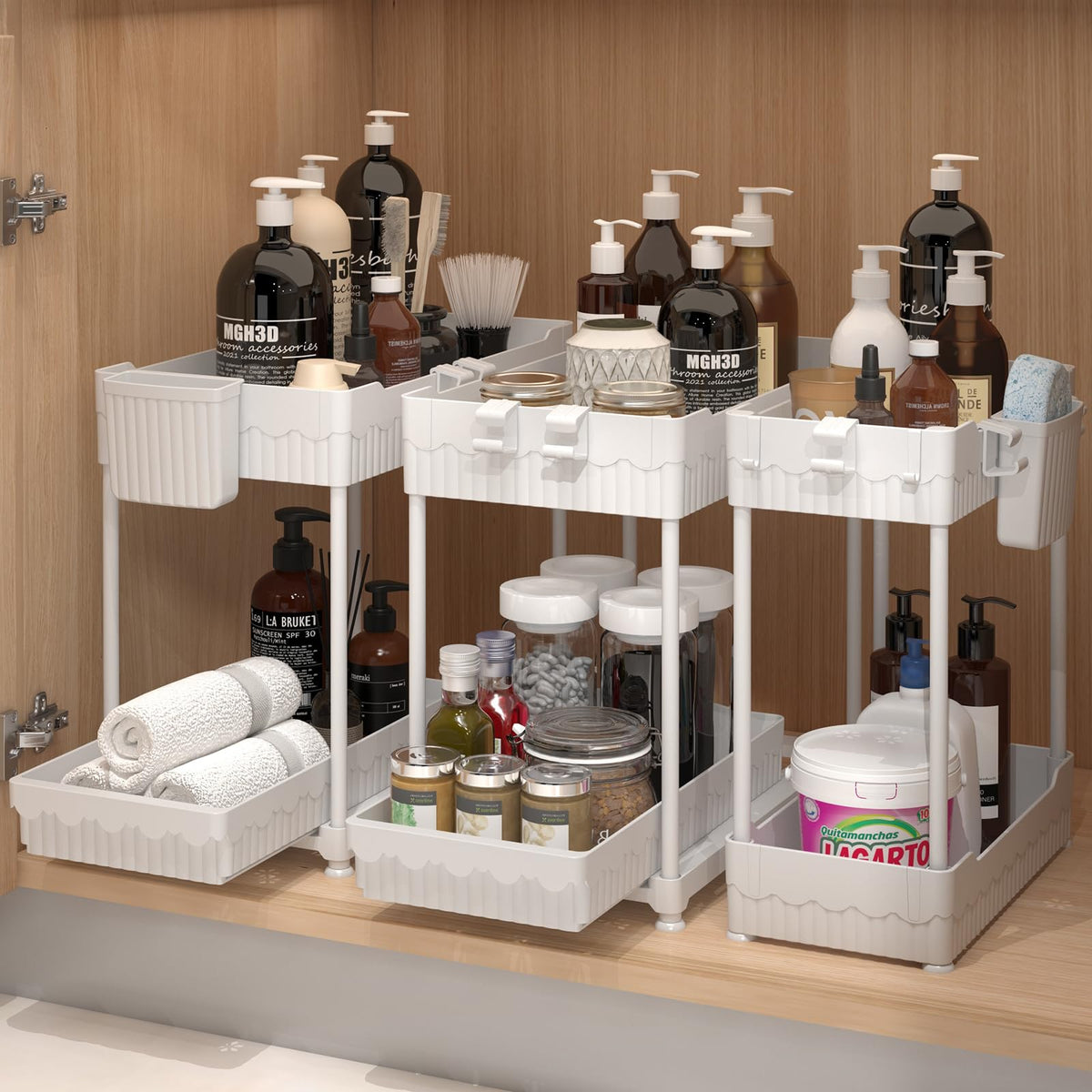 Sevenblue under-sink organizer with sliding drawer enhances cabinet accessibility.