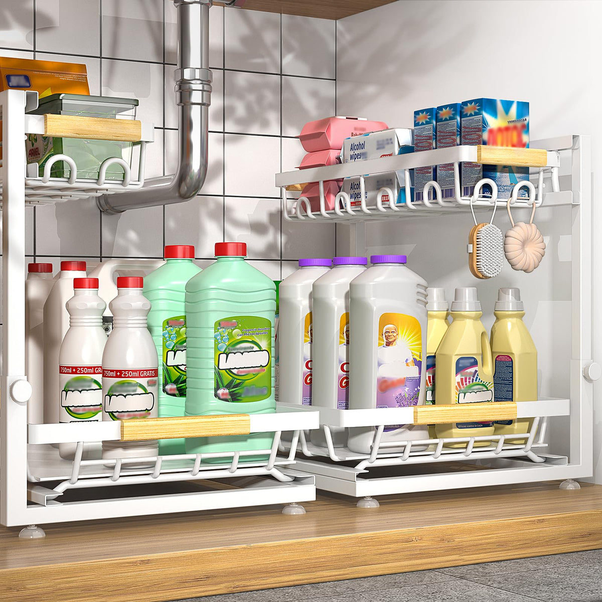 Sevenblue under-sink organizer 3-tier assembly maximizes storage in tight spaces.