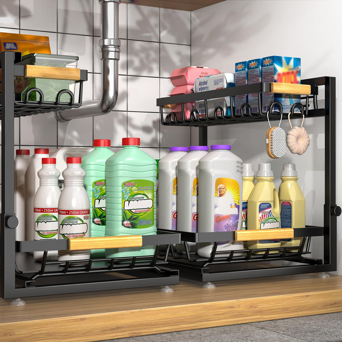Sevenblue under-sink organizer balance setup keeps bottles neatly arranged and accessible.