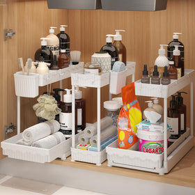 Sevenblue under-sink organizer with L-shaped drawer front for space efficiency.