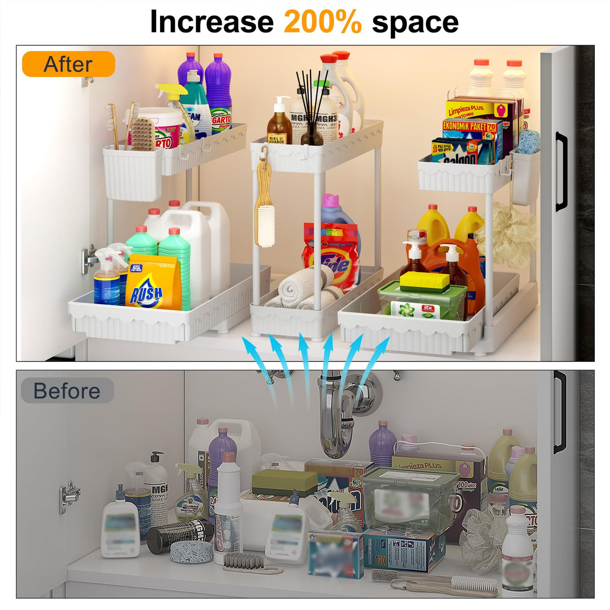 Sevenblue under-sink organizer pull-out drawer for easy access.