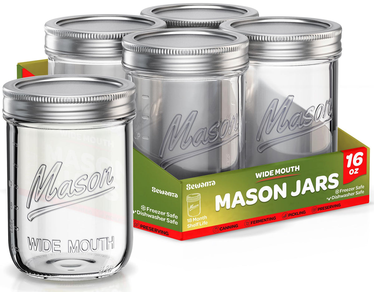 Sewanta wide mouth 16 oz jar in a 5 pack for canning and storage.