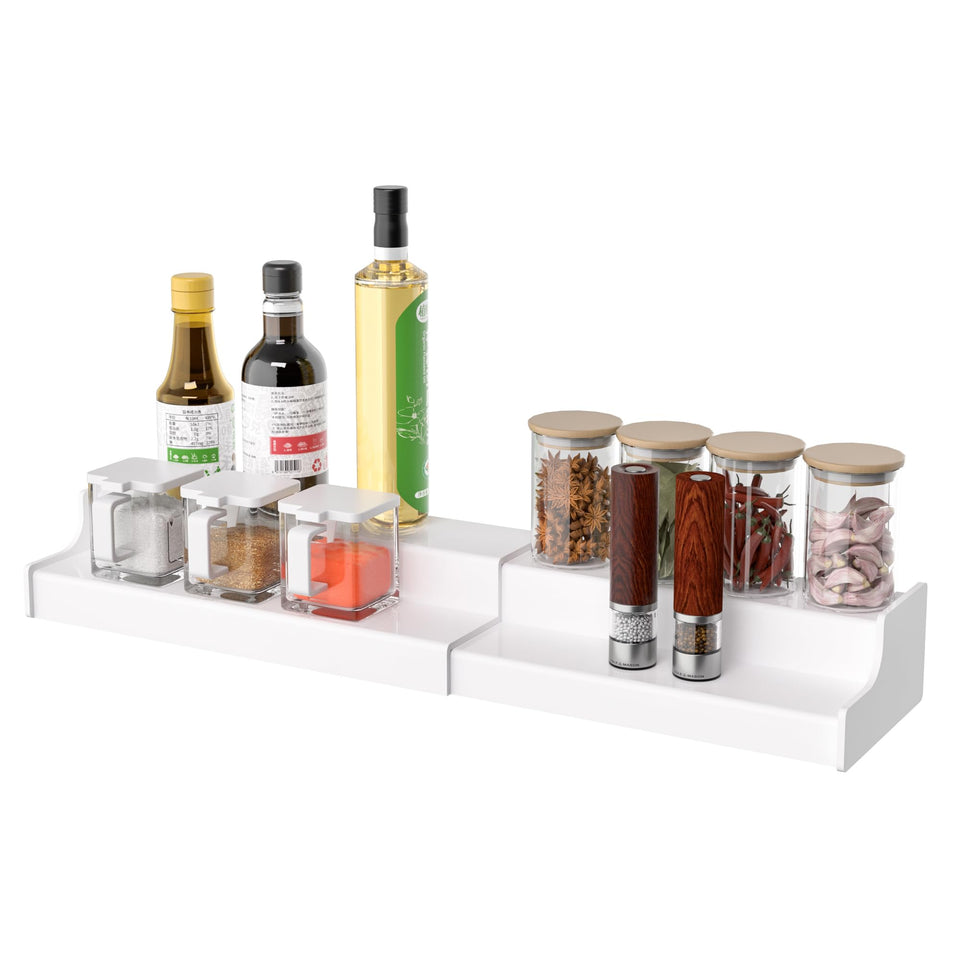 Sezanrpt 2 tier spice rack front view with organized jars and clear acrylic shine.