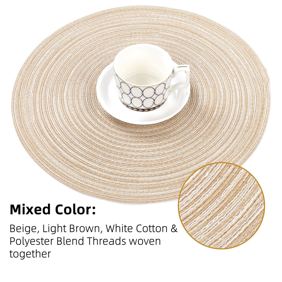 SHACOS beige round placemats in a woven circle pattern for versatile decor.