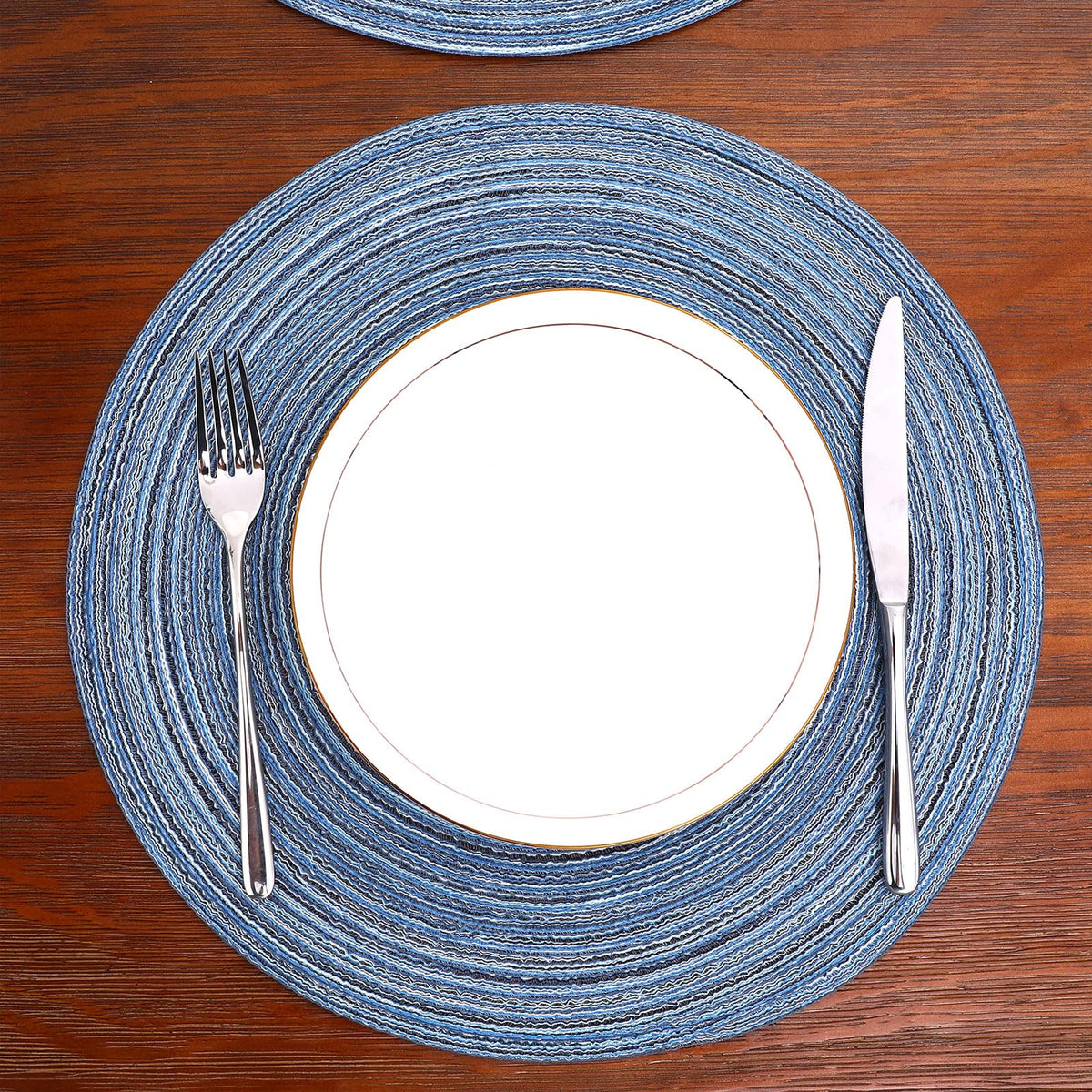 SHACOS round braided placemats close-up weave with shimmering threads under light