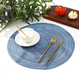 SHACOS blue-gray placemats under lighting show subtle shimmer