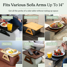 Shamrock Home Bamboo Trayble couch arm table folds flat to slide under the couch.