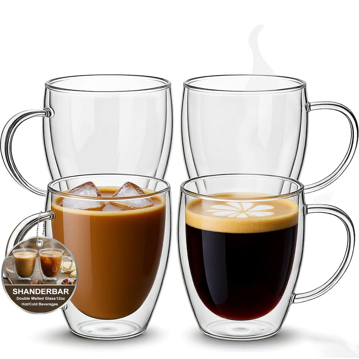 SHANDERBAR four-pack double-wall glass mugs, 12oz, ideal for home or cafe use.