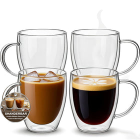 SHANDERBAR four-pack double-wall glass mugs, 12oz, ideal for home or cafe use.