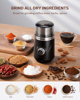 Adjustable coarse to fine settings for beans, spices, and herbs