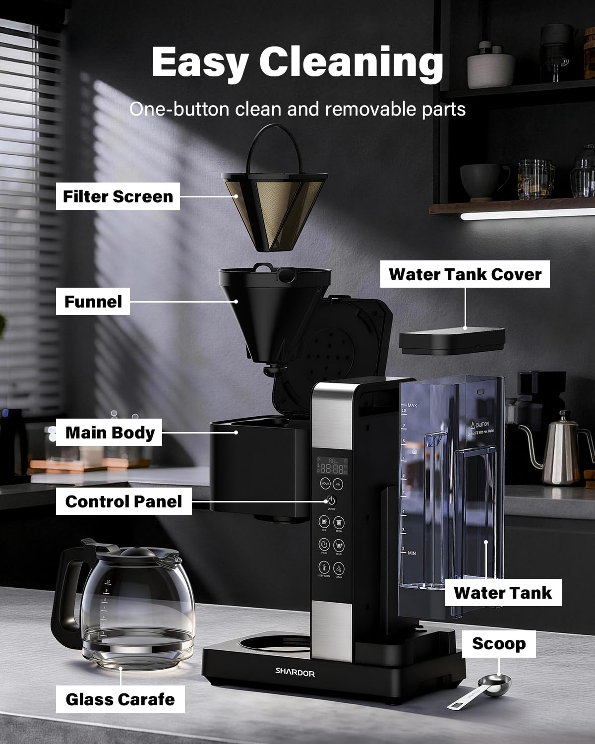 SHARDOR self-cleaning button image promoting easy maintenance.