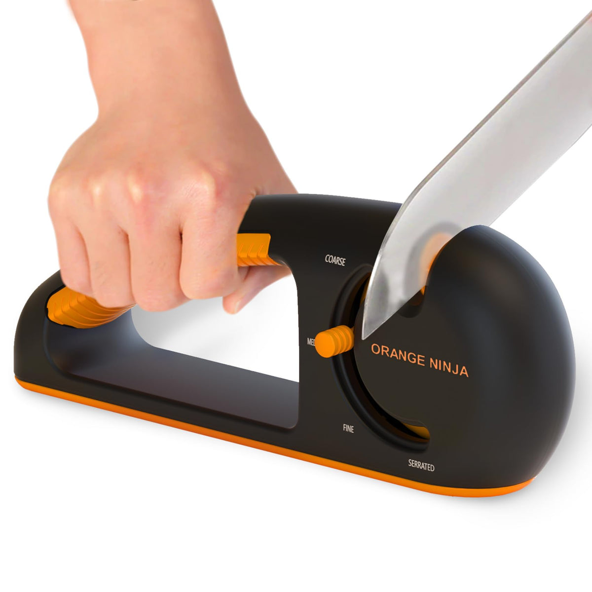 Sharp Pebble Orange Ninja 4-Stage sharpener front view shows ergonomic grip for easy sharpening.