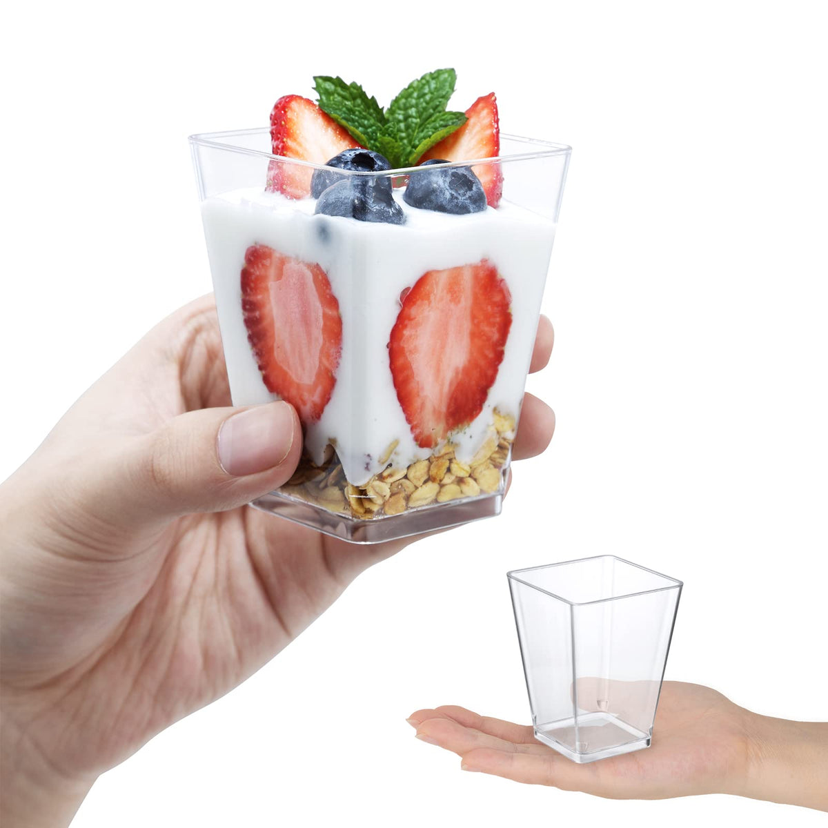 ShopDAY clear square plastic cups showcase desserts with elegant presentation.