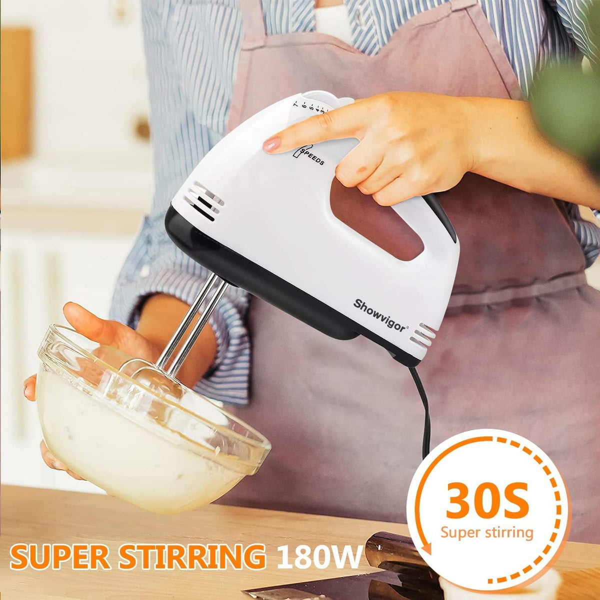 Showvigor hand mixer with 7-speed control for precise mixing.