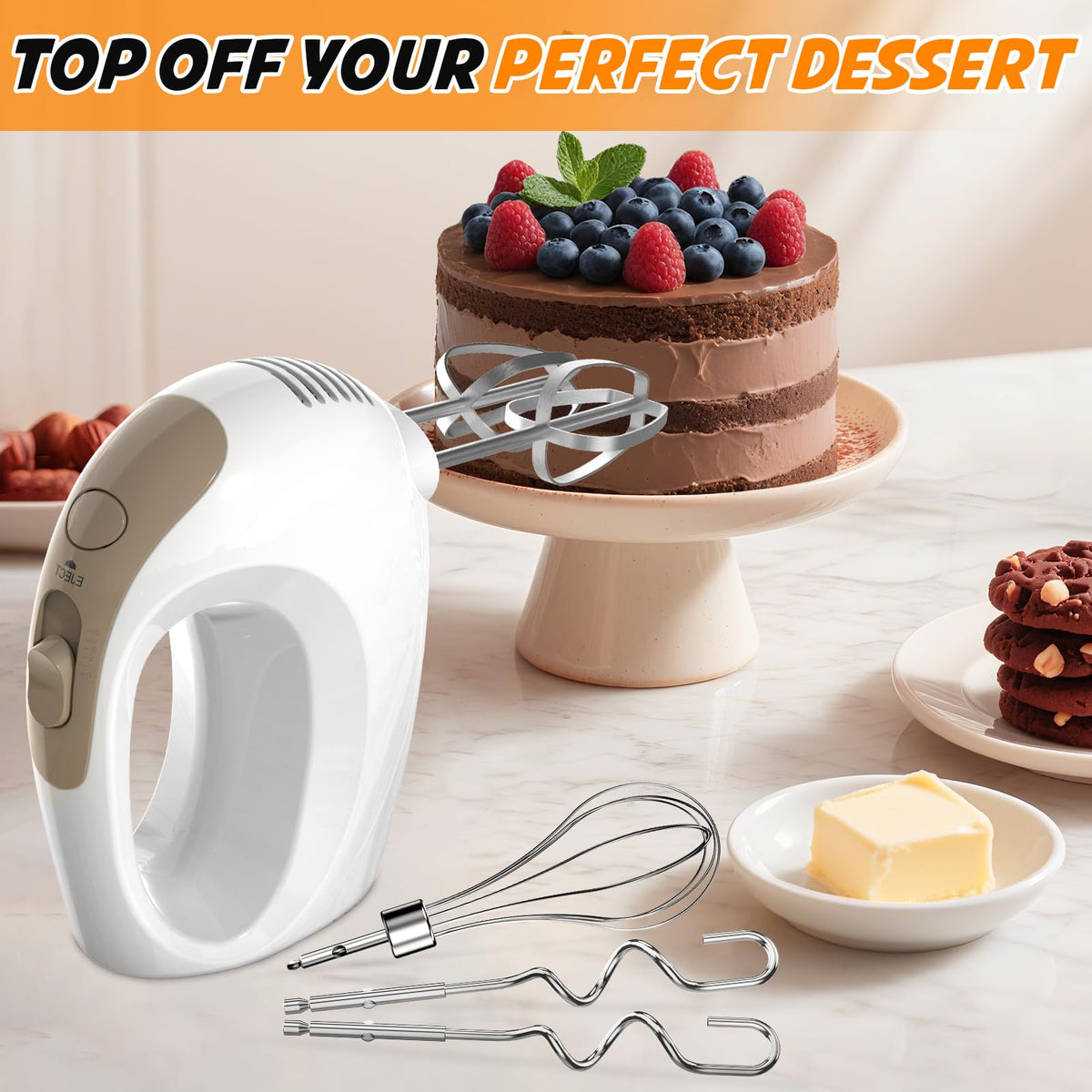 Showvigor hand mixer stored upright saves counter space and simplifies kitchen organization.