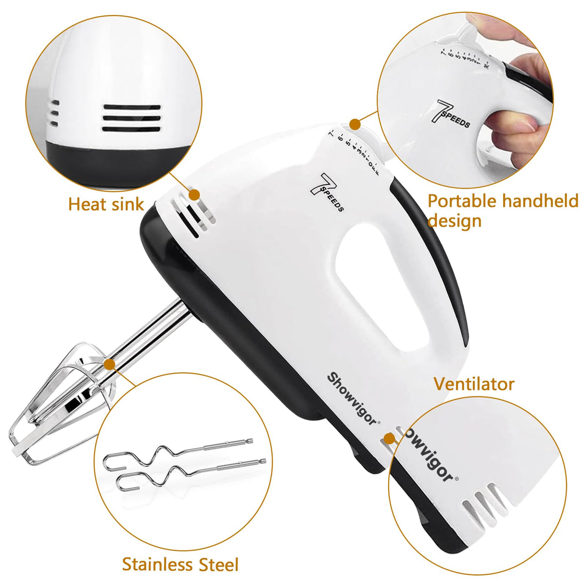 Showvigor lightweight hand mixer with compact design for small kitchens.