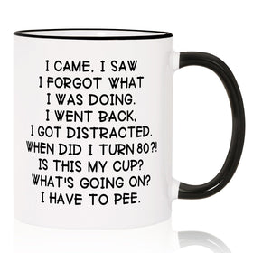 Shqiueos 80th birthday mug with humorous design, ideal for cozy morning coffee