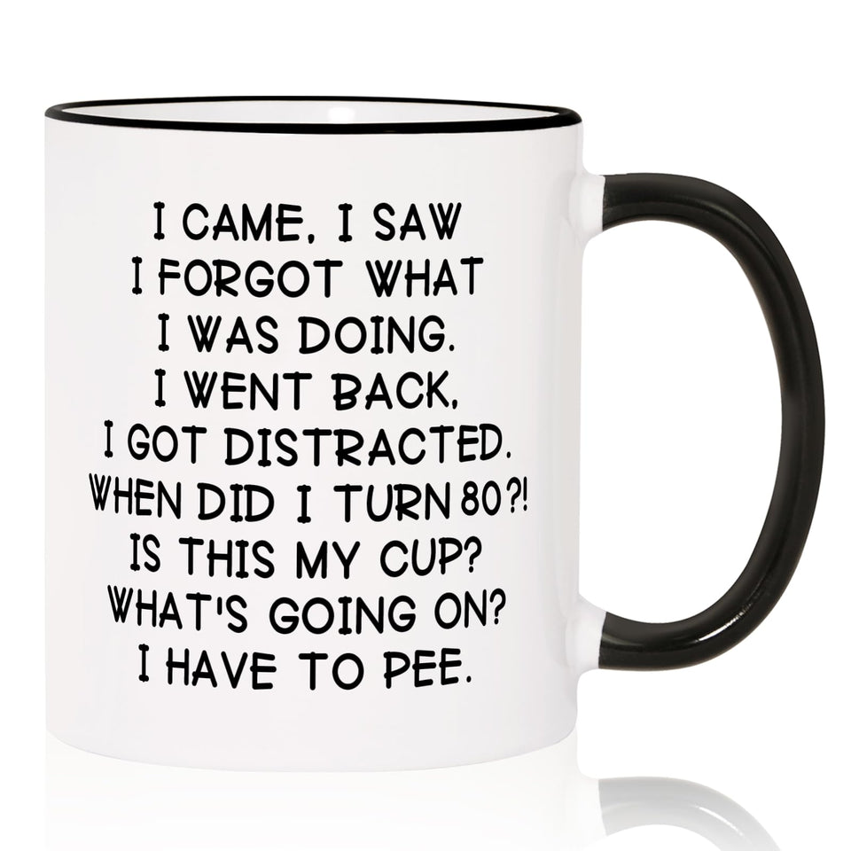 Shqiueos 80th birthday mug with humorous design, ideal for cozy morning coffee