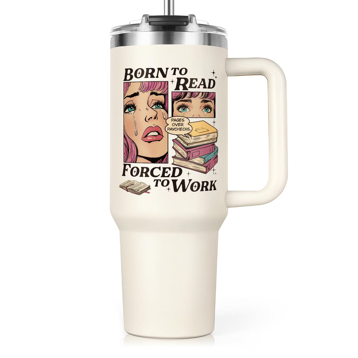 Shqiueos bookworm 40oz tumbler with handle, ideal for on-the-go reading breaks.