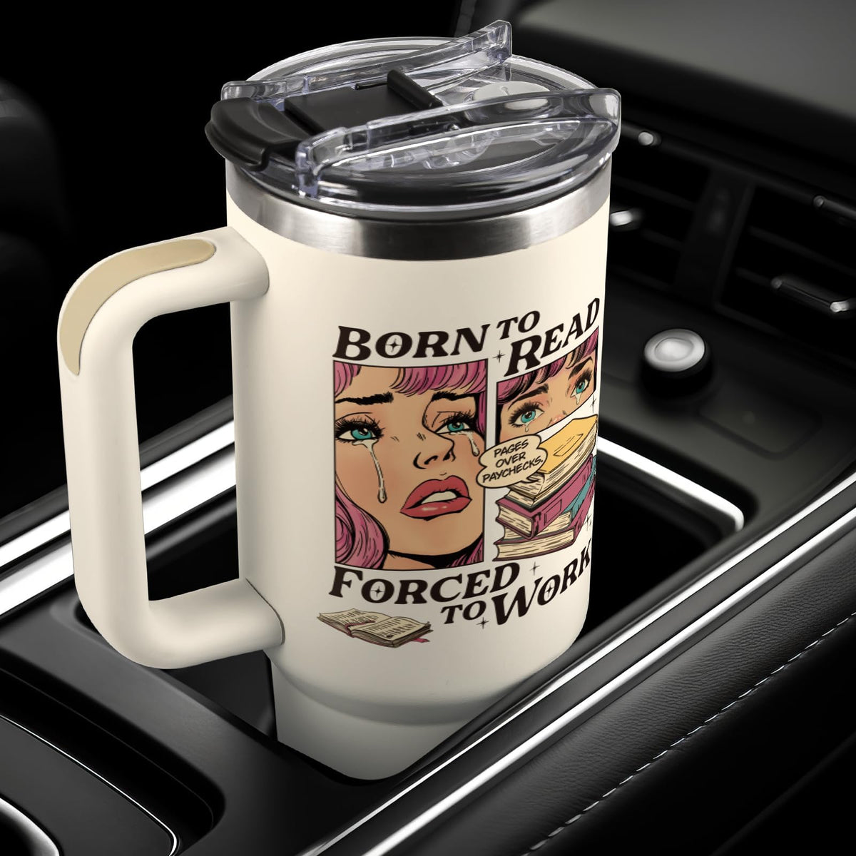 Shqiueos comfortable handle, fits most car cup holders for travel.