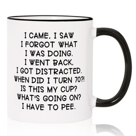 Shqiueos funny 70th birthday mug close-up, ideal for morning coffee.