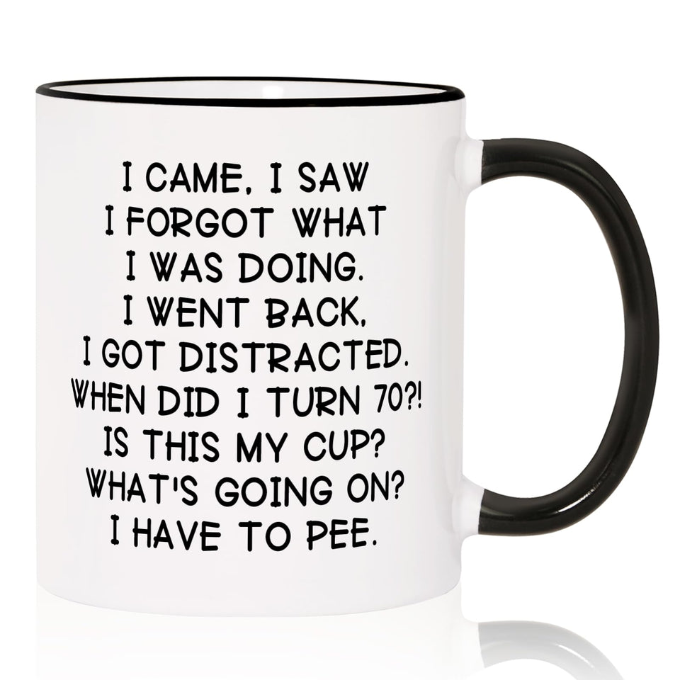 Shqiueos funny 70th birthday mug close-up, ideal for morning coffee.