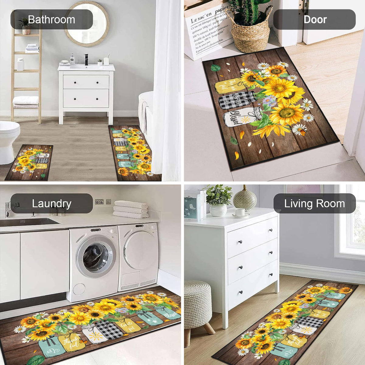 SHUNLCD sunflower kitchen rug non-slip diamond base keeps it in place.