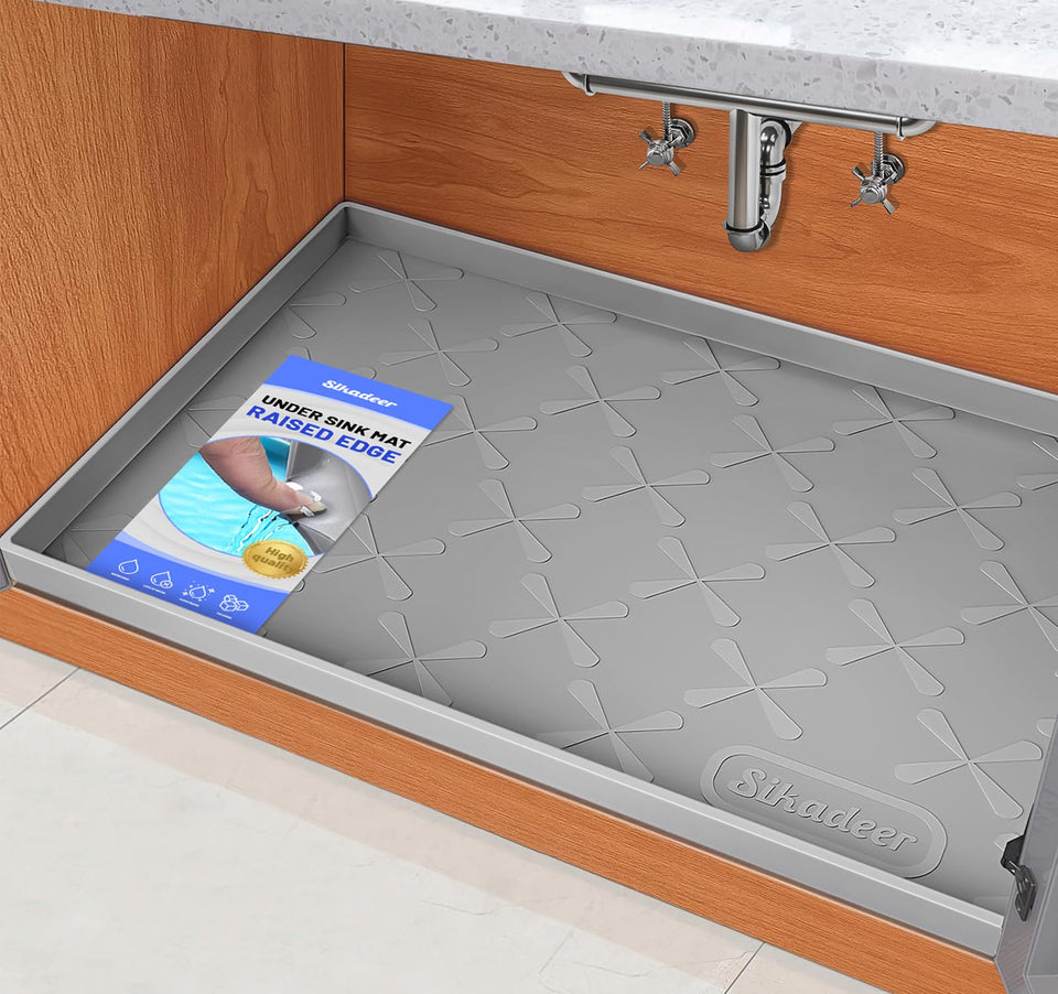 SIKADEER under-sink mat with raised edge protects the cabinet from spills.