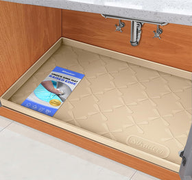 SIKADEER under-sink mat with raised edges protects cabinets from spills