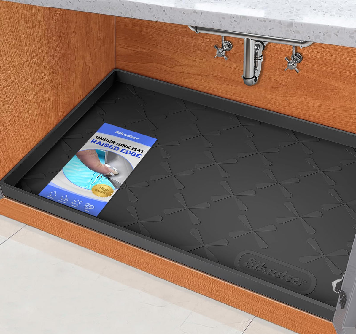 SIKADEER under-sink mat with raised edges protecting cabinets from leaks.