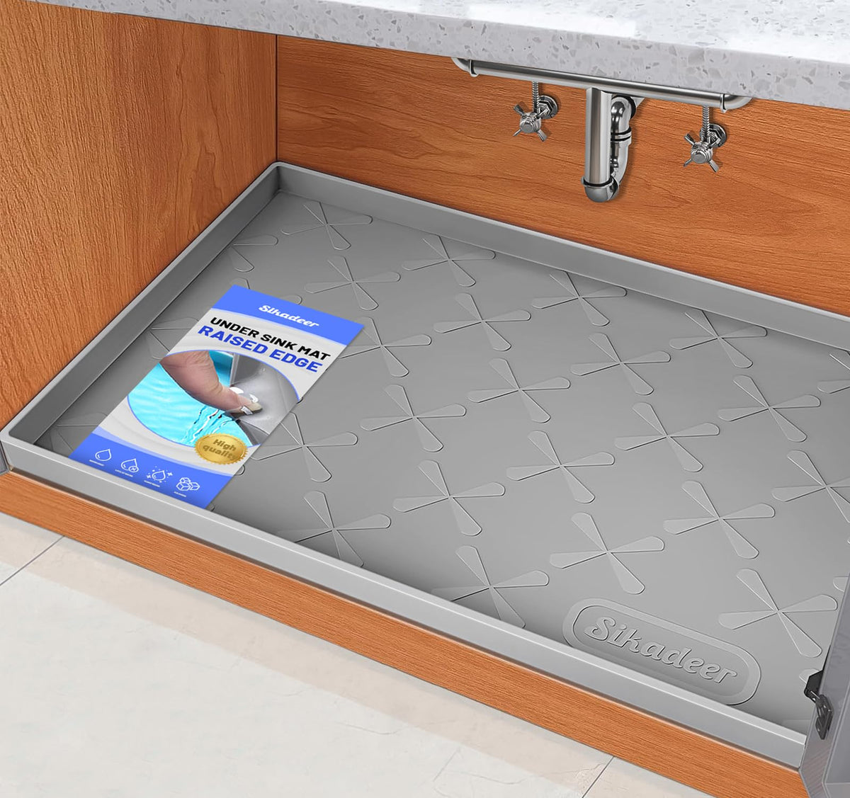 SIKADEER under-sink mat with raised edges protects cabinets from leaks and spills.