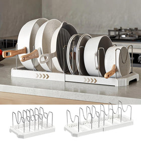 Silanit expandable pot organizer with extended base for tidy cookware.