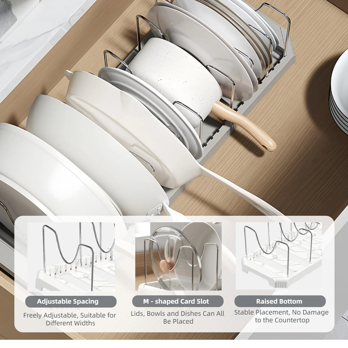 Silanit seven dividers customize compartments for pots and lids.