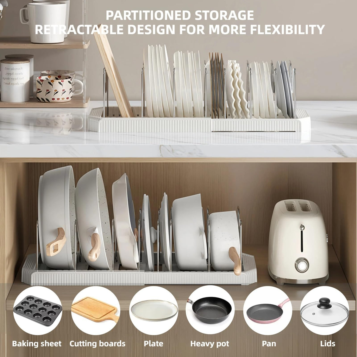 Silanit pot organizer shows U-shaped groove securing lids.