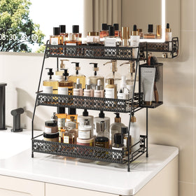 SILUB Vintage 3-tier counter organizer neatly arranges cosmetics on a vanity.