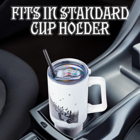 Silver Buffalo tumbler with sturdy handle, comfortable grip for daily commutes and travel.