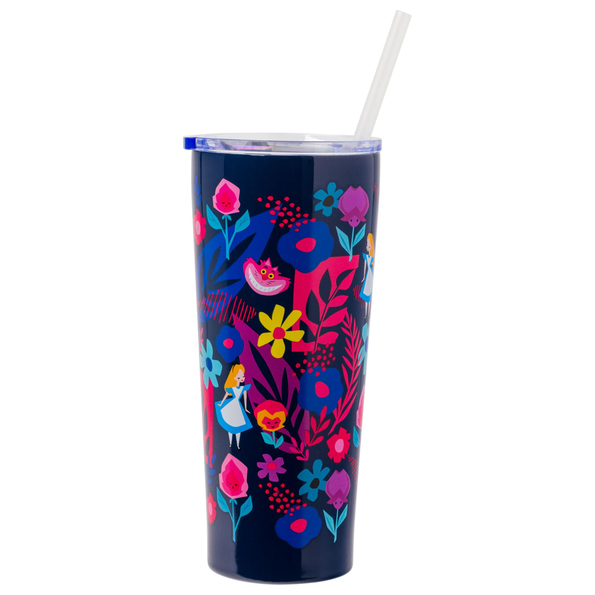 Silver Buffalo Disney Alice Cheshire Cat tumbler with straw ideal for hydration on the go.