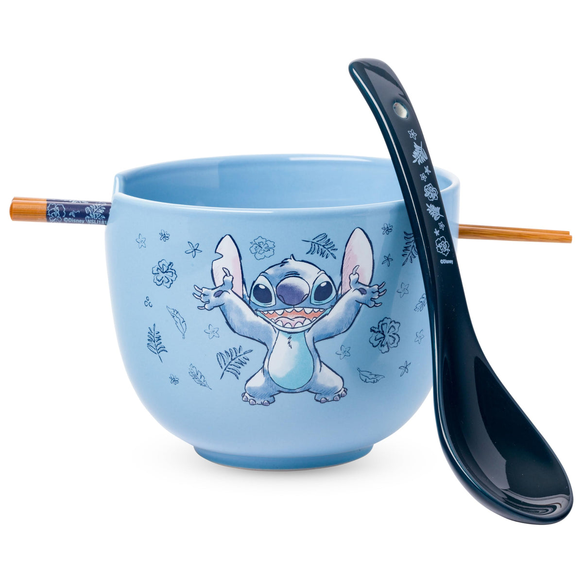 Silver Buffalo Excited Stitch bowl with blue backdrop for ramen meals
