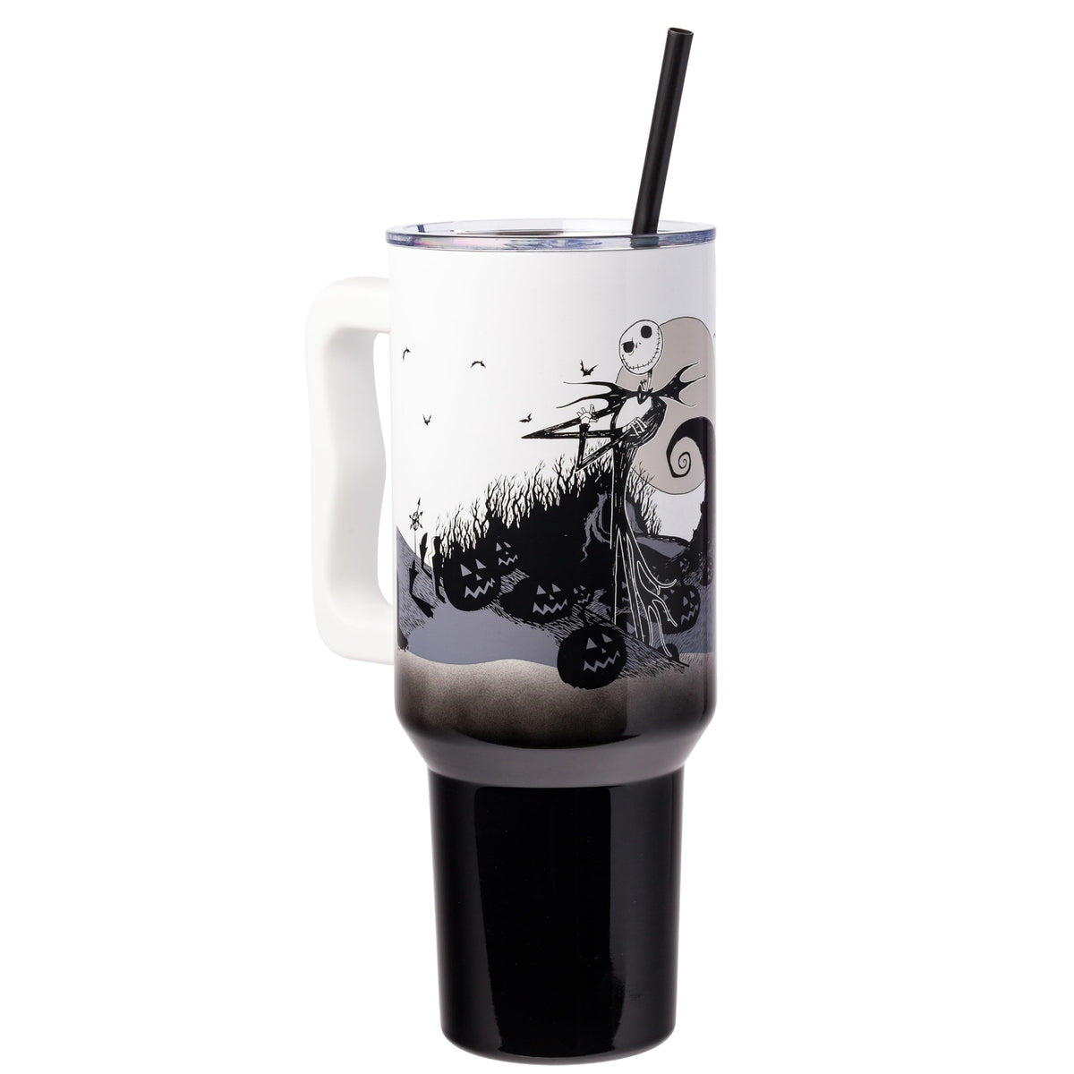 Silver Buffalo 40oz tumbler with Jack Skellington on hill and moon, ideal for on-the-go fans.