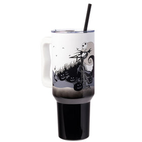 Silver Buffalo 40oz tumbler with Jack Skellington on hill and moon, ideal for on-the-go fans.