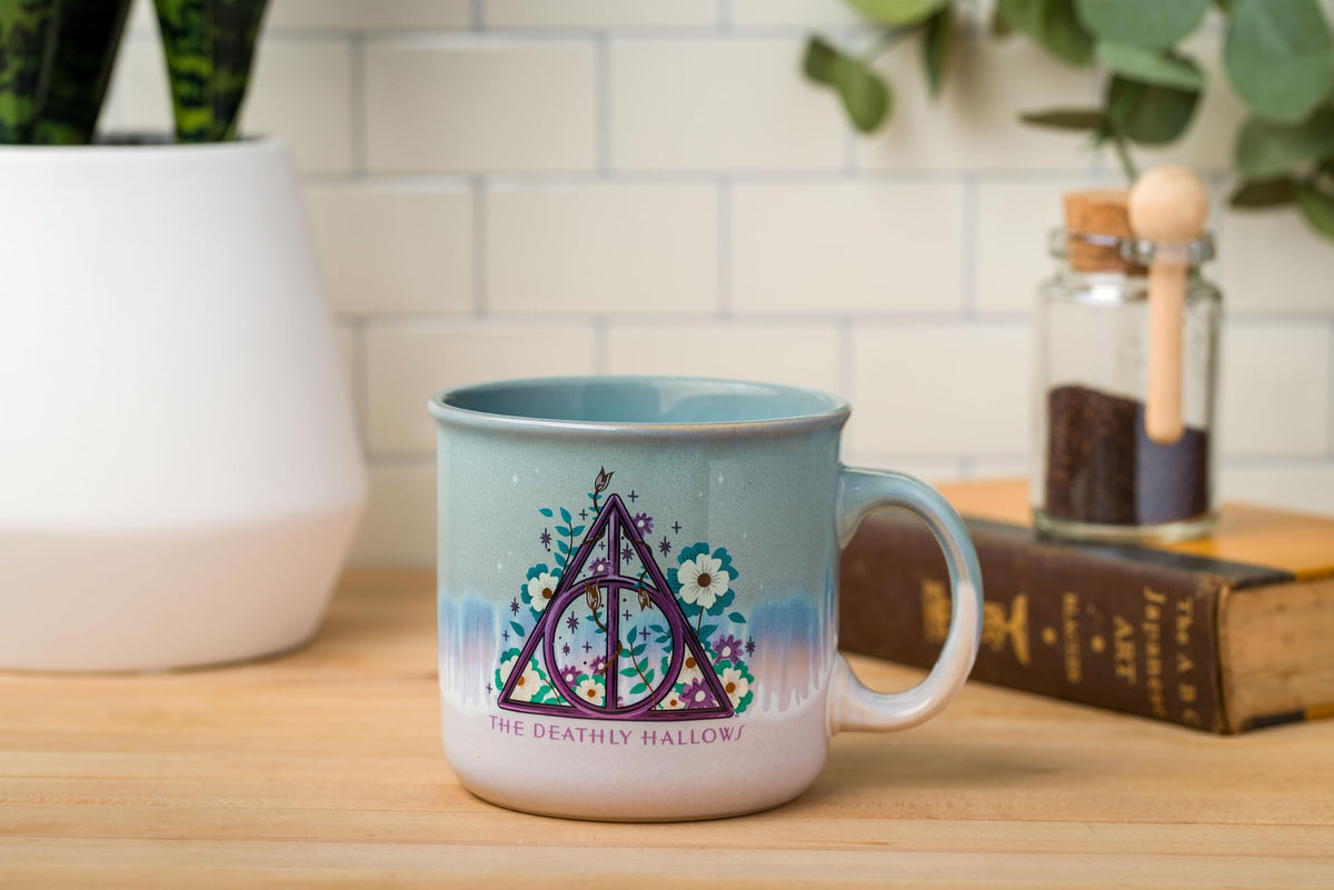 Silver Buffalo Harry Potter Deathly Hallows mug side with floral details, perfect as desk decor