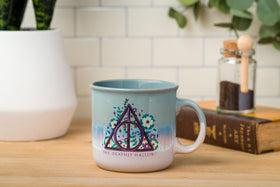 Silver Buffalo Harry Potter Deathly Hallows mug side with floral details, perfect as desk decor